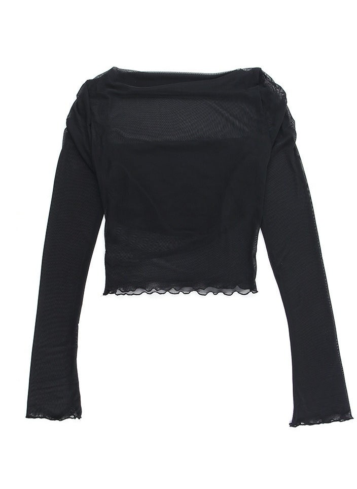 Generic Fashion Temperament A Line Shoulder Slim Mesh Long Sleeve Short top Woman  - Image 5