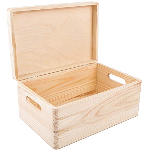 Creative Deco Large Wooden Storage Box with Hinged Lid | 11.8 x 7.87 x 5.51 in (+-0.5) | Plain Unpainted Gift Box with Handles for Tool Toy Shoes Kitchen Clothes Jewelry | Rough & UNSANDED Wood - Image 1