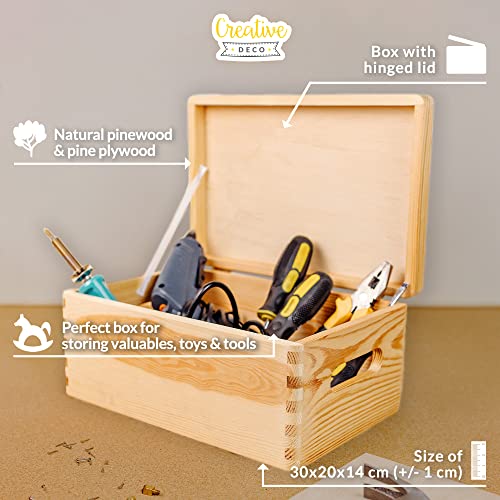 Creative Deco Large Wooden Storage Box with Hinged Lid | 11.8 x 7.87 x 5.51 in (+-0.5) | Plain Unpainted Gift Box with Handles for Tool Toy Shoes Kitchen Clothes Jewelry | Rough & UNSANDED Wood - Image 4