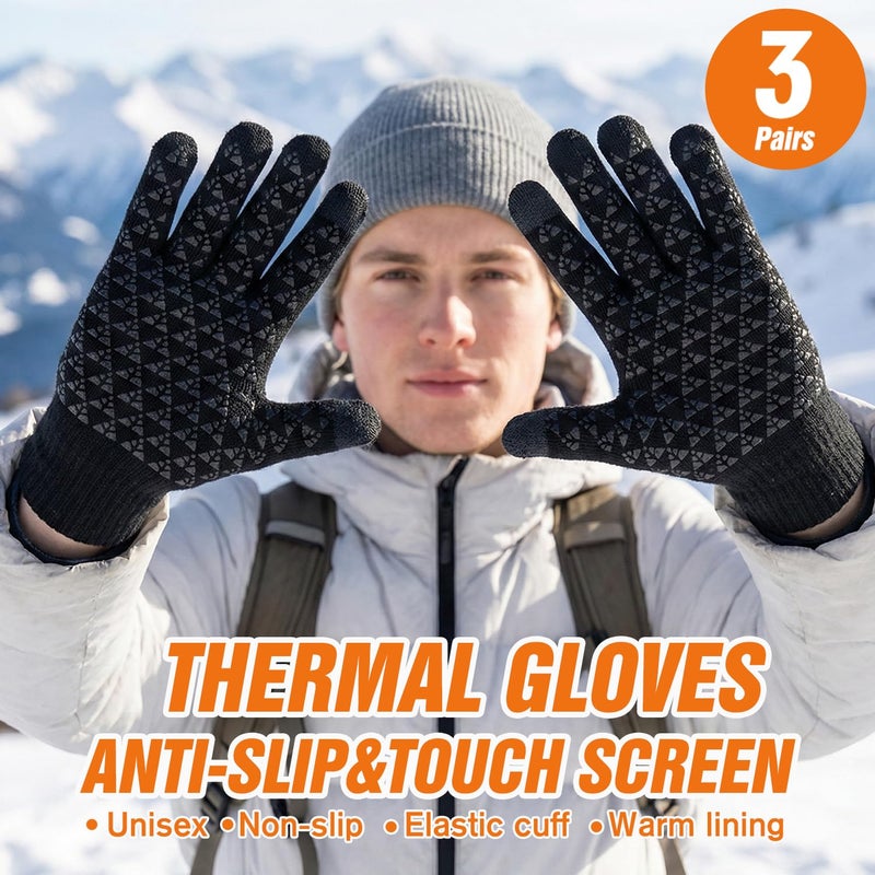 MA COWCF 3 Pairs Winter Gloves for Women Men Touch Screen Elastic Knit Thermal Anti-slip Gloves for Cold Weather(Black) - Image 2