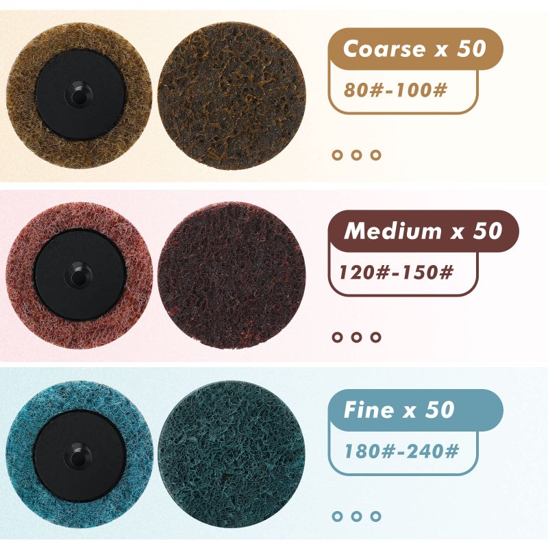 Macarrie أقراص تكييف السطح 150 قطعة بحجم 2 بوصة حبيبات صنفرة متوسطة أقراص صنفرة سريعة التغيير ملحقات مطحنة القالب لتجريد السطح وطحنه وتلميعه وإنهاء البور - Image 3