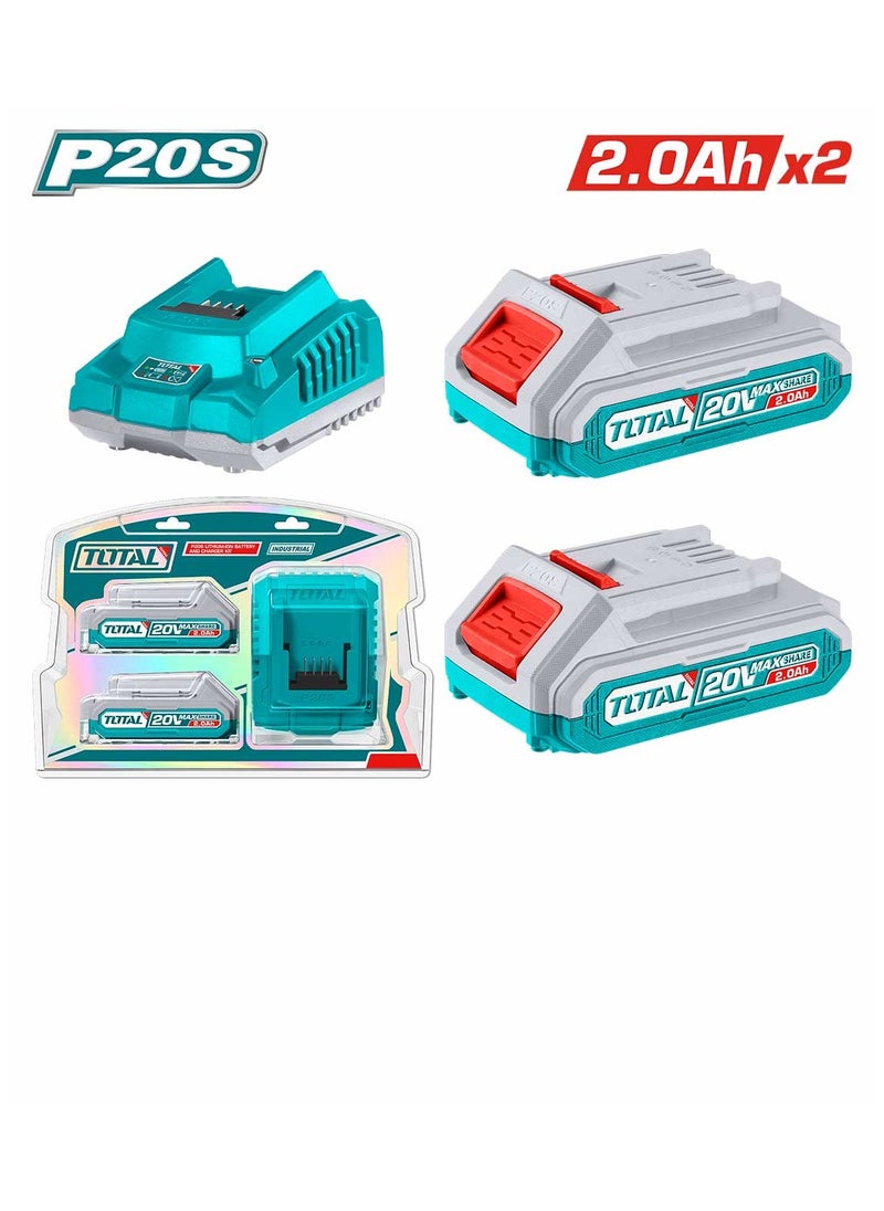 TOTAL Super Total 20V Lithium Battery and Fast intelligent Charger Kit - 2x 2.0Ah Battery Packs with LED Indicator for P20S Tools  - Image 1