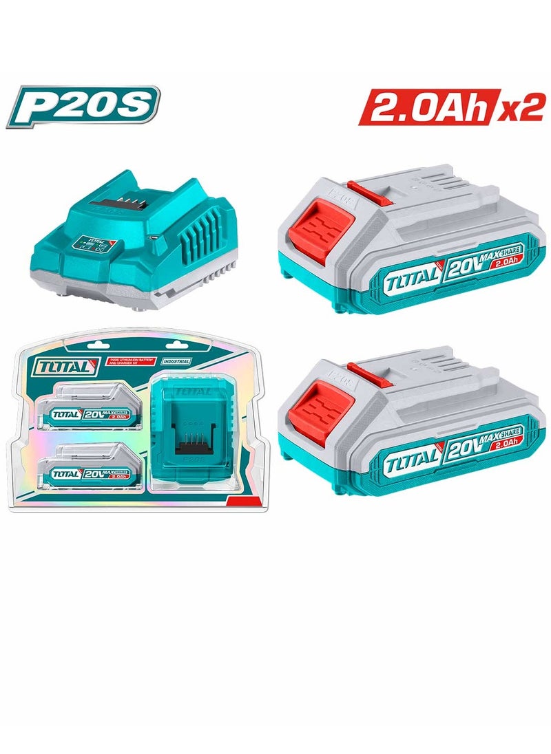 TOTAL Super Total 20V Lithium Battery and Fast intelligent Charger Kit - 2x 2.0Ah Battery Packs with LED Indicator for P20S Tools  - Image 4
