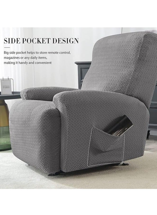 عام غطاء أريكة طويل قابل للتمدد من 4 قطع، غطاء لشازلونج، واقي أريكة بمقعد واحد، واقٍ ناعم للأثاث مع غطاء كرسي مرن بنقشة جاكار (اللون: رمادي متوسط). - Image 4