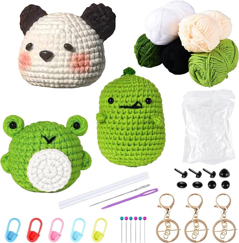 ArtBee طقم كروشيه ArtBee للمبتدئين 3 قطع طقم كروشيه حيوانات افعلها بنفسك ديناصور ضفدع باندا لطيف لوازم كروشيه للبالغين تشمل تعليمات خطوة بخطوة ودروس فيديو - Image 1