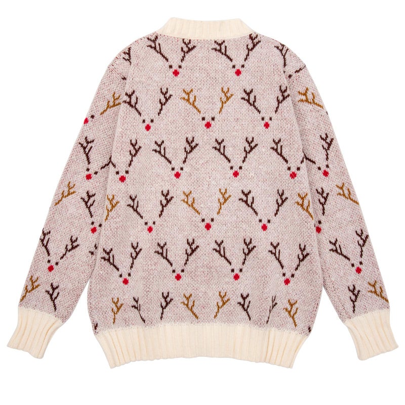 Beopjesk Women's Funny Fall Winter Long Sleeve Xmas Elk Button Knit Cardigan Sweater Vintage Christmas Knitted Outerwear(Elk-White,M) - Image 3