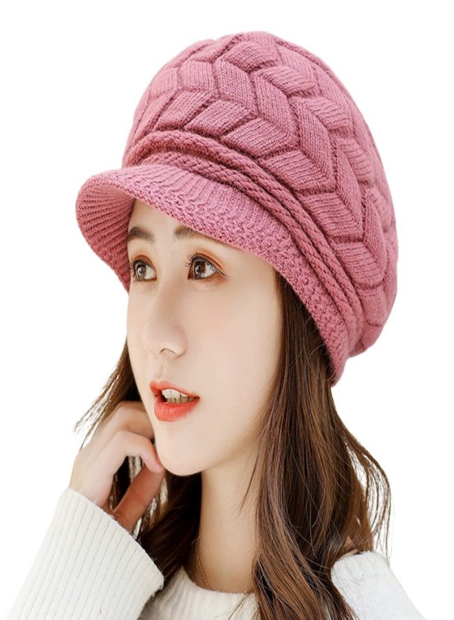 iSWEVEN Fashionable Woolen Visor Beanie Cap for Women | Girls - Pink (4017, Free Size) - Image 1
