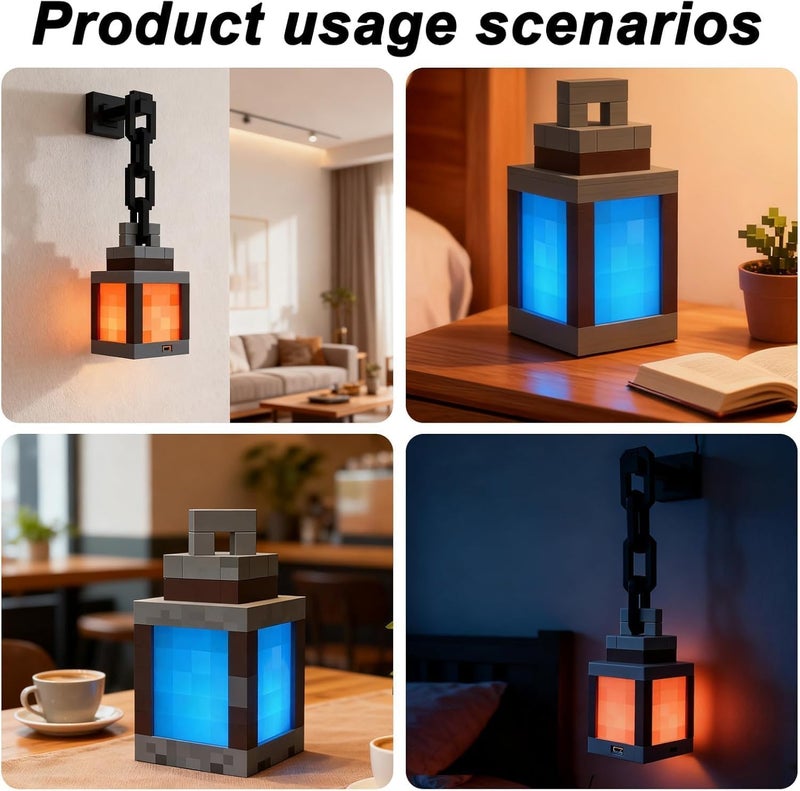 HYRAINBOW Pixelated Lantern Night Light, 16 Colors Rechargeable LED Lamp with Remote, Retro Pixel Style Table/Wall Light for Bedroom Gaming Kids Room Décor - Image 2