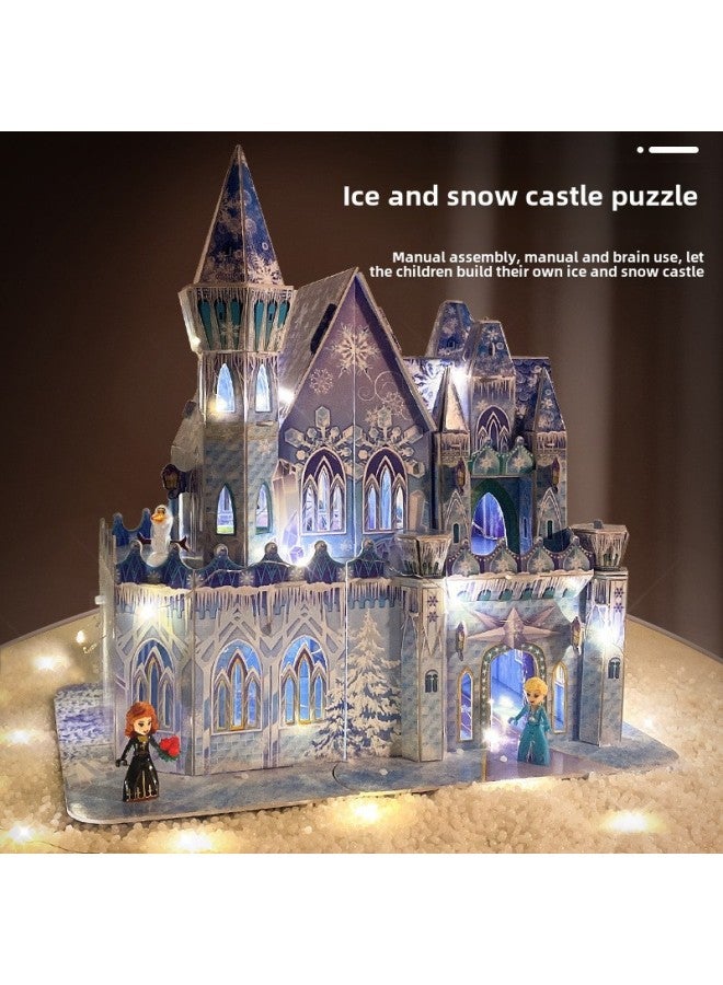 Three-dimensional Jigsaw Puzzle 3D Ice And Snow Castle Children And Girls Assembled Model Toys Girls Assembled With Plug-in Opening And Closing Hut 66 Gifts-Color:Puzzle Building Blocks Castle Lights - Image 2