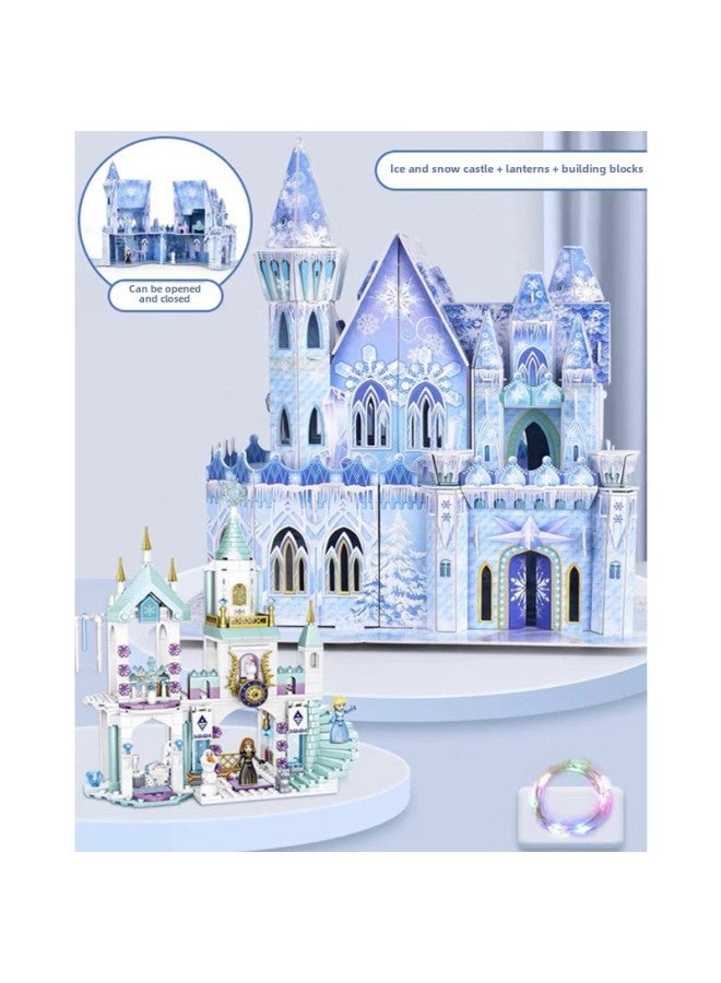 Three-dimensional Jigsaw Puzzle 3D Ice And Snow Castle Children And Girls Assembled Model Toys Girls Assembled With Plug-in Opening And Closing Hut 66 Gifts-Color:Puzzle Building Blocks Castle Lights - Image 1