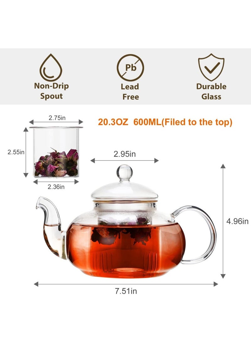 HOME ZONE Teapot with Glass Burner & Removable Infuser 600ml (20.3 oz) Loose Leaf and Blooming Tea  Maker - Image 2