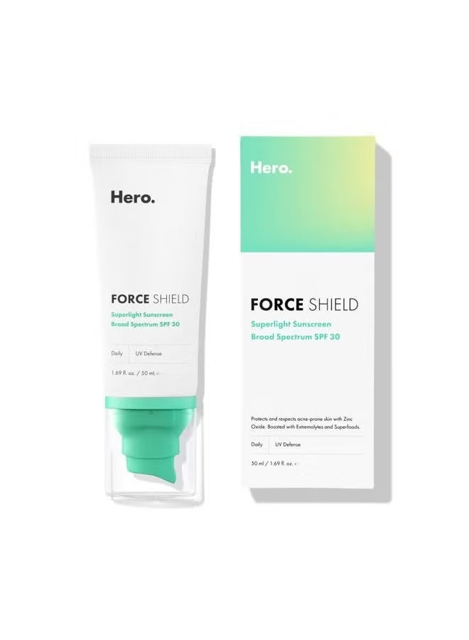 Hero Force Shield Superlight Sunscreen SPF 30 from Hero Cosmetics - Everyday SPF 30 for Acne-Prone Skin with Zinc Oxide, Green Surge, and Extremolytes, Fragrance Free and Reef Safe (50 ml) - Image 1