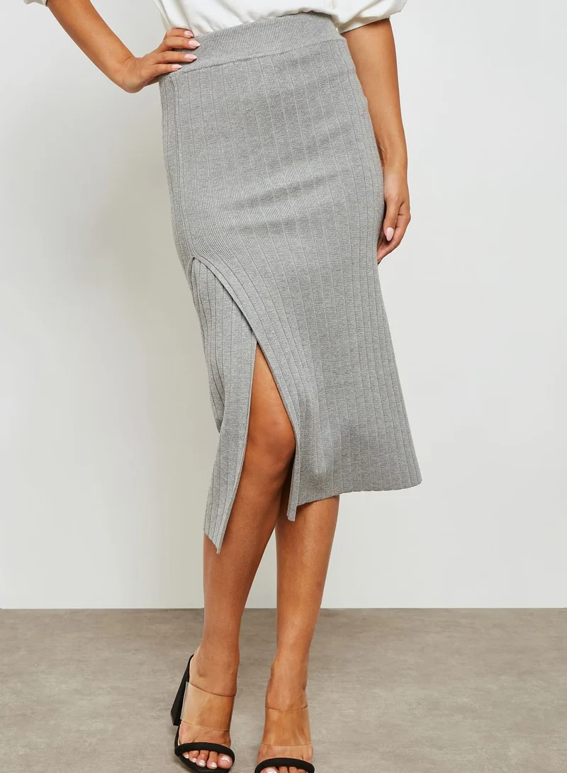 LUMIERE Ribbed Side Split Midi Skirt