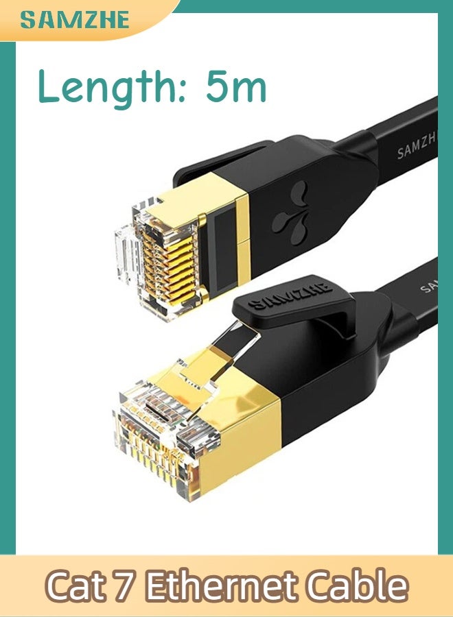 SAMZHE كابل إيثرنت Cat7 بطول 5 أمتار، عالي السرعة 10 جيجابت في الثانية، 600 ميجاهرتز، سلك LAN نحاسي نقي فائق النحافة ومسطح ومحمي، موصل RJ45 مع غطاء واقٍ، مطلي بالذهب لمقاومة التداخل، سلك توصيل إنترنت للكمبيوتر لأجهزة PS5 وPS4 وXbox والكمبيوتر الشخصي والألعاب وأجهزة التوجيه والمودم (أسود) - Image 1