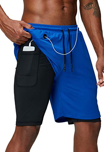 Pinkbomb Men's 2 in 1 Running Shorts Gym Workout Quick Dry Mens Shorts with Phone Pocket (Blue, Medium) - Image 1