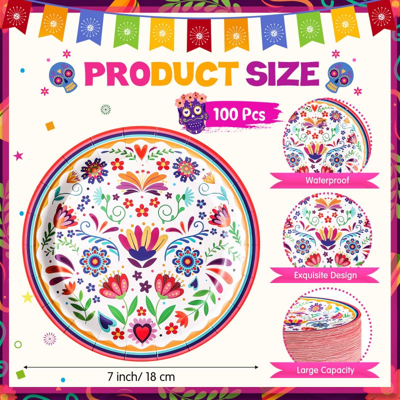 FillTouch 100 Pcs Mexican Paper Plates 7 Inch Disposable Fiesta Cake Dessert Plates Cinco De Mayo Party Decorations for Taco Tuesday Birthday Party Supplies(White Mandala) - Image 3