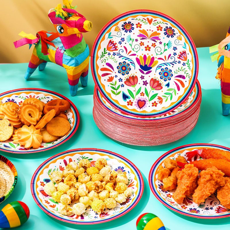 FillTouch 100 Pcs Mexican Paper Plates 7 Inch Disposable Fiesta Cake Dessert Plates Cinco De Mayo Party Decorations for Taco Tuesday Birthday Party Supplies(White Mandala) - Image 2