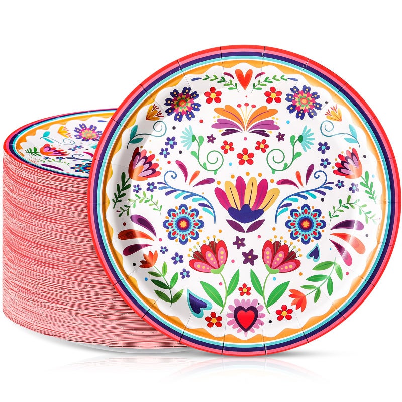 FillTouch 100 Pcs Mexican Paper Plates 7 Inch Disposable Fiesta Cake Dessert Plates Cinco De Mayo Party Decorations for Taco Tuesday Birthday Party Supplies(White Mandala) - Image 1