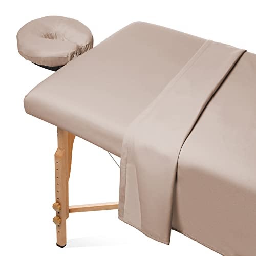Saloniture 3-Piece Microfiber Massage Table Sheet Set - Premium Facial Bed Cover - Includes Flat and Fitted Sheets with Face Cradle Cover - Sand Brown - Image 1