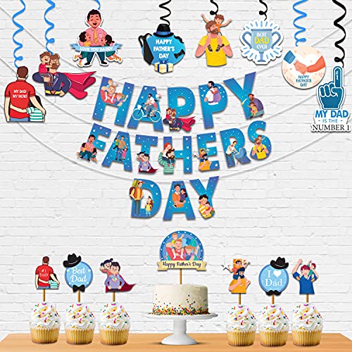 Festiko® Father's Day/Super Dad Birthday Party Decorations Items for Surprise (All in One Surprise KIT Banner,Swirls,Cake Toppers,Cup Cake Topper,Ribbons)- 16 Pcs - Image 1
