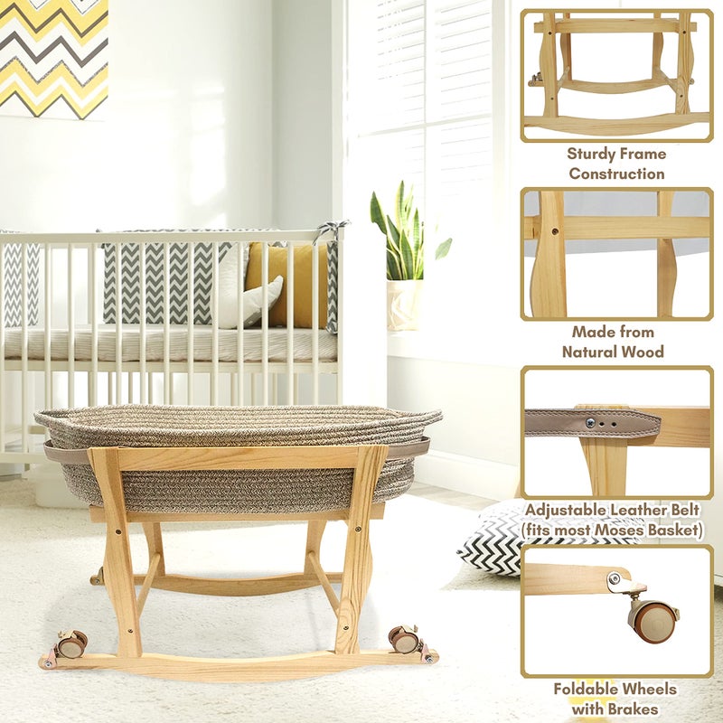 ECOADE Moses Basket Stand, Baby Moses Basket Rocker Stand - Natural Wood - Image 2