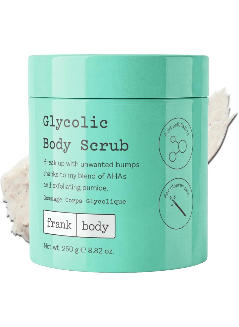Frank Body Glycolic Body Scrub | Vegan, Cruelty Free, Exfoliating Body Scrub | Fights Breakouts and Soothes Skin & Marks with AHA, Pumice, Witch Hazel, and Niacinamide | 8.82 oz / 250 g