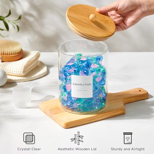KitHero Glass Laundry Pods Container & Acrylic Dryer Sheet Holder with Bamboo Knobs Lids, Scoops & Labels | Premium Laundry Room Organization and Storage for Detergent Pods, Powder, Dryer Balls & Beads - Image 4