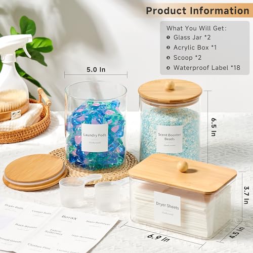 KitHero Glass Laundry Pods Container & Acrylic Dryer Sheet Holder with Bamboo Knobs Lids, Scoops & Labels | Premium Laundry Room Organization and Storage for Detergent Pods, Powder, Dryer Balls & Beads - Image 2