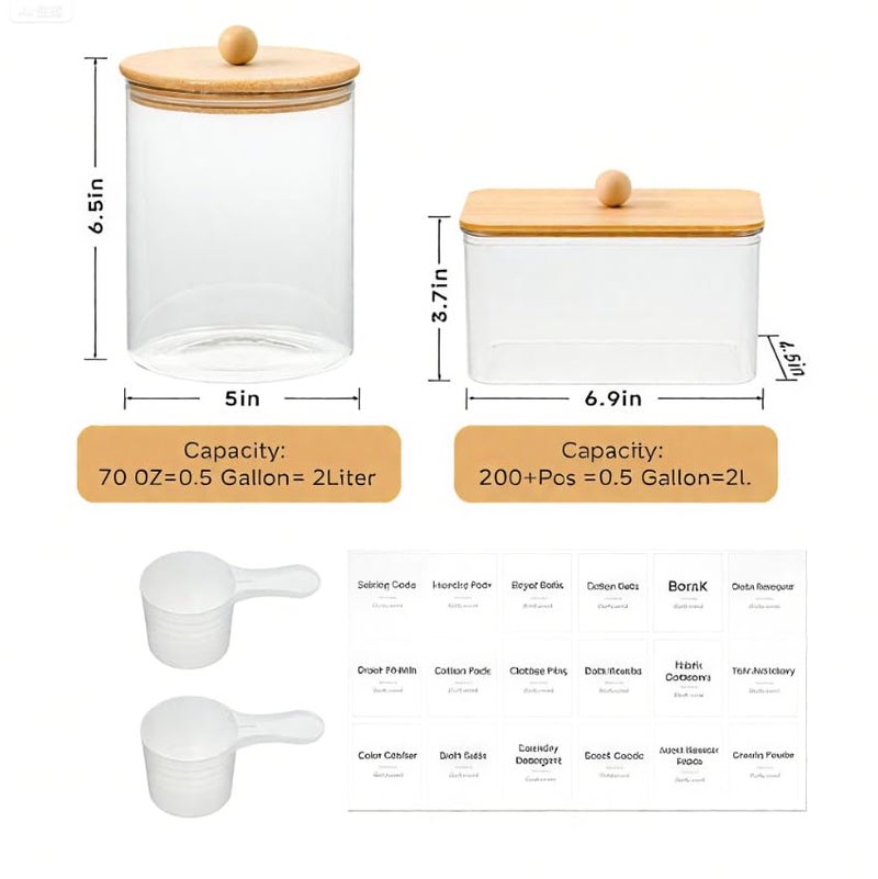 KitHero Glass Laundry Pods Container & Acrylic Dryer Sheet Holder with Bamboo Knobs Lids, Scoops & Labels | Premium Laundry Room Organization and Storage for Detergent Pods, Powder, Dryer Balls & Beads - Image 3