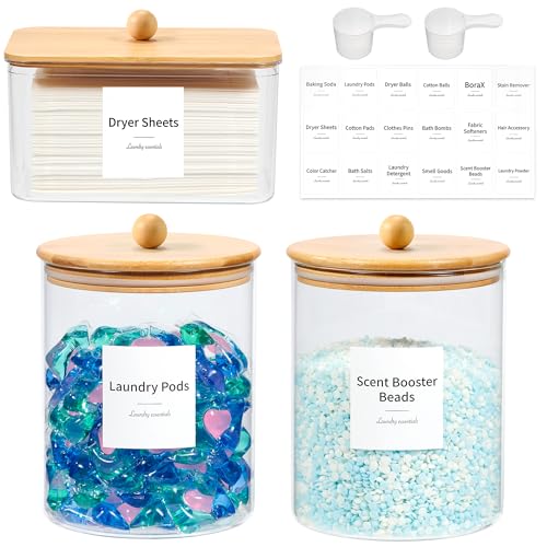 KitHero Glass Laundry Pods Container & Acrylic Dryer Sheet Holder with Bamboo Knobs Lids, Scoops & Labels | Premium Laundry Room Organization and Storage for Detergent Pods, Powder, Dryer Balls & Beads - Image 1