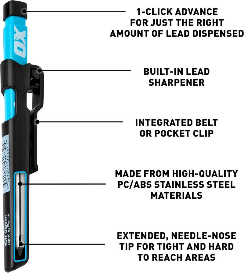 Ox Tools Pro Tuff Carbon Marking Pencil with Holder, Sharpener, & Belt Clip - Heavy Duty Mechanical Pencil Ideal for Carpenters, Woodworking and Construction, -P503201 - Image 2