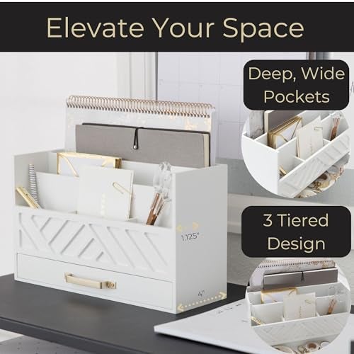 BLU MONACO White Wooden Mail Organizer with Drawer and Gold Handle – Desk Accessories for Office Organization and Storage – Home, Office, and Classroom Supplies - Image 3