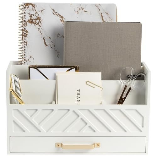 BLU MONACO White Wooden Mail Organizer with Drawer and Gold Handle – Desk Accessories for Office Organization and Storage – Home, Office, and Classroom Supplies - Image 1