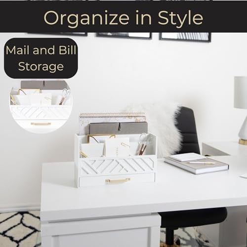 BLU MONACO White Wooden Mail Organizer with Drawer and Gold Handle – Desk Accessories for Office Organization and Storage – Home, Office, and Classroom Supplies - Image 2