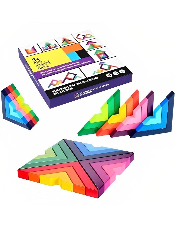 RAINBOW BRAND لعبة البناء والتشكيل باستخدام المكعبات الخشبية الملونة لتنمية المهارات الحسية والإدراكية للأطفال، ألعاب وهدايا تعليمية من منتيسوري لمرحلة ما قبل المدرسة تتضمن 12 قطعة من مكعبات البناء الخشبية الملونة - Image 1
