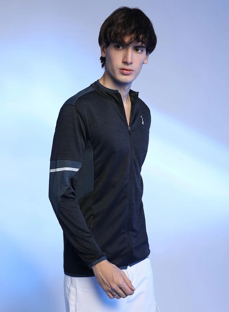 Campus Sutra  Men's Black Heathered Activewear Jacket With Contrast Detail for Men | Best Price UAE