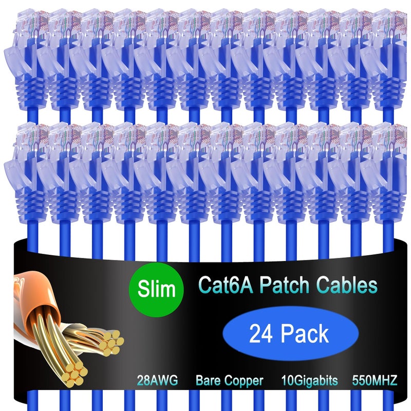 Lysymixs Cat6a Slim Ethernet Patch Cable 1 ft (24 Pack), Cat6a Patch Cable for Data Centers, Cat 6 Cable 10G, Network Patch Cables for Home and Enterprise Network -Blue - Image 1