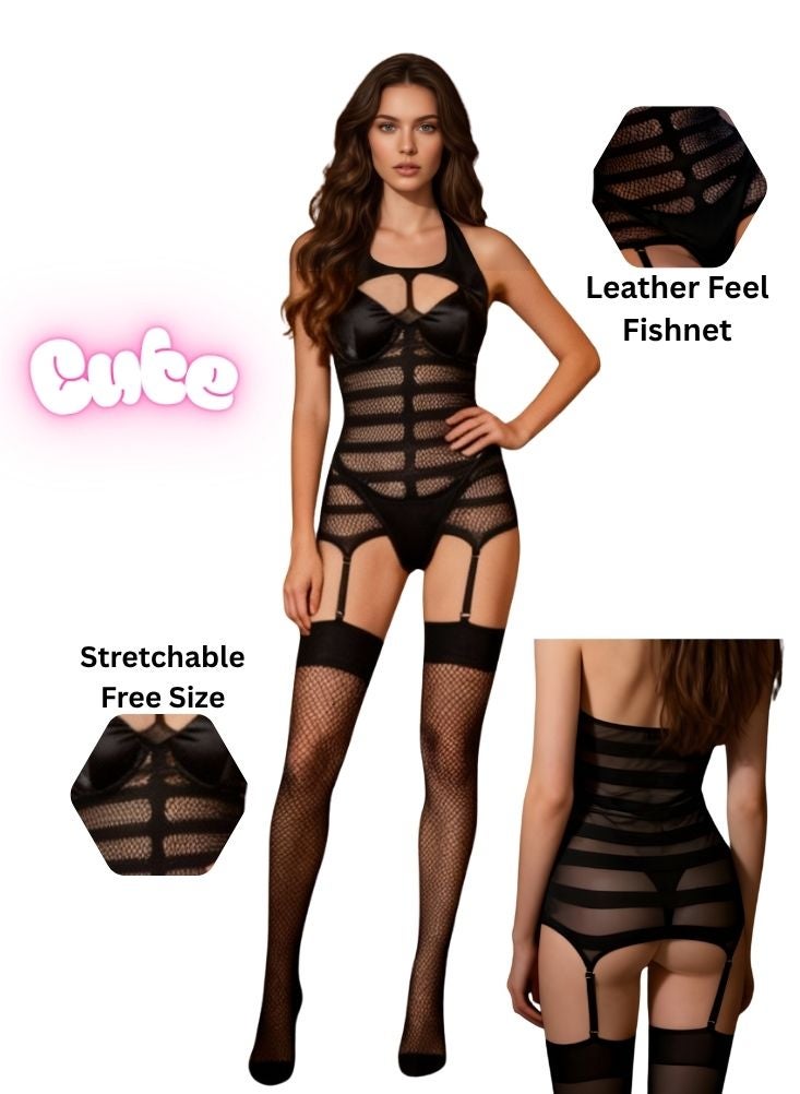 Cute Leather Feel Fishnet Bodystocking – Stretchable Free Size Lingerie for Women - Image 1