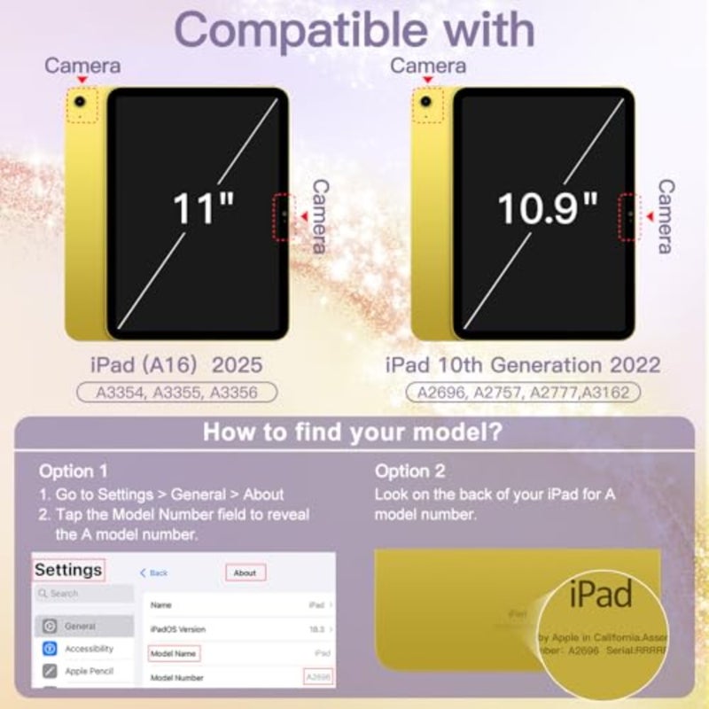 حافظة لامعة لجهاز iPad A16 الجيل الحادي عشر/العاشر (2025/2022) مع حامل أقلام، غطاء نحيف لامع لطيف للفتيات، غطاء خلفي شفاف لامع (ذهبي) - Image 2