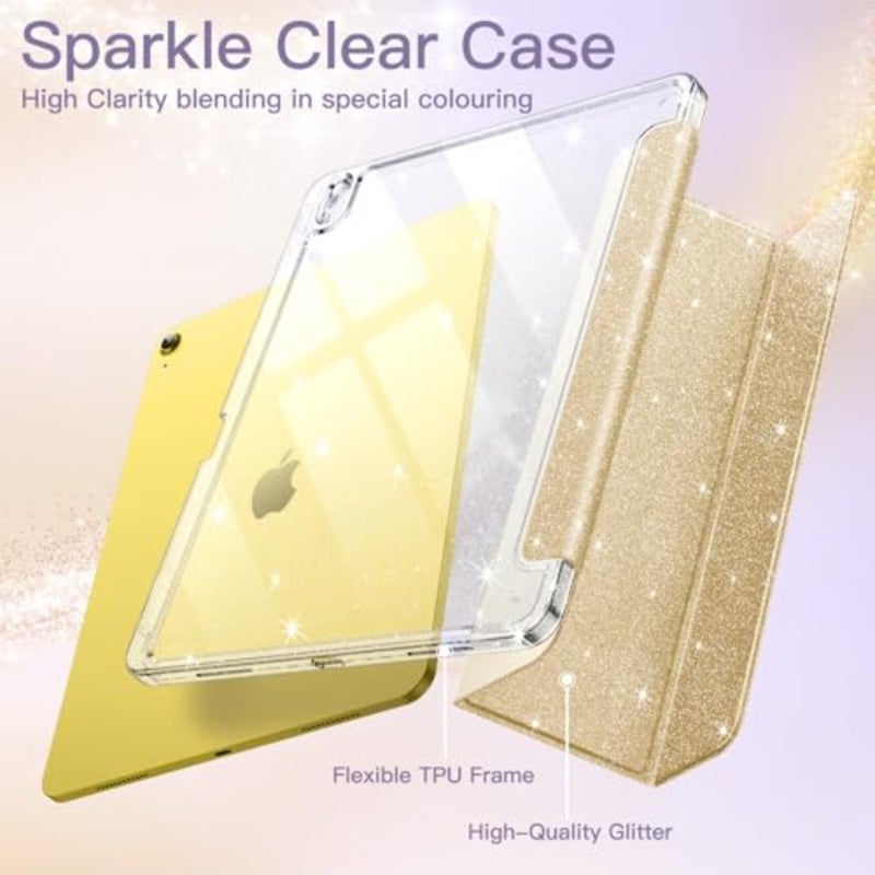 حافظة لامعة لجهاز iPad A16 الجيل الحادي عشر/العاشر (2025/2022) مع حامل أقلام، غطاء نحيف لامع لطيف للفتيات، غطاء خلفي شفاف لامع (ذهبي) - Image 3