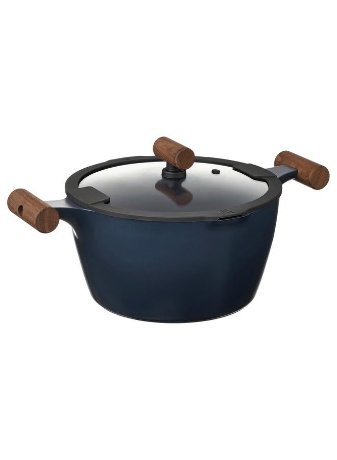 erorex Pot With Lid, Non-Stick Coating Glass/Wood Black-Blue, 5 L - Image 1