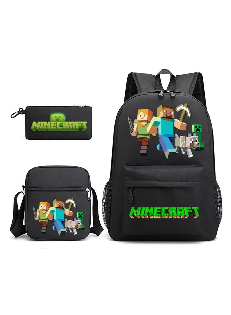 ماين كرافت مجموعة حقيبة ظهر ثلاثية القطع، حقيبة بطبعة Minecraft، حقيبة ظهر غير رسمية ذات سعة كبيرة بتصميم Creeper، مع حقيبة غداء وحافظة أقلام للأولاد والبنات محبي Minecraft - Image 1