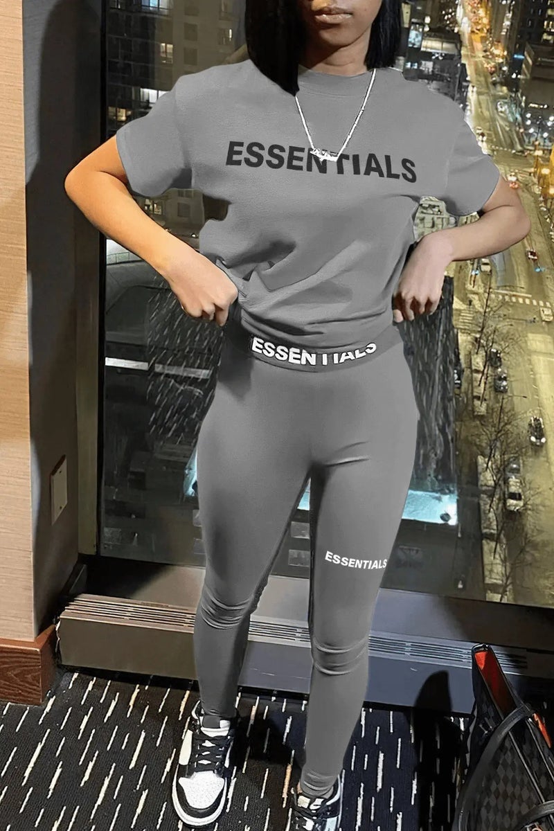 2023 New Casual Fashion Letter Print Womens Tee  Pants Set Brown  - Image 3