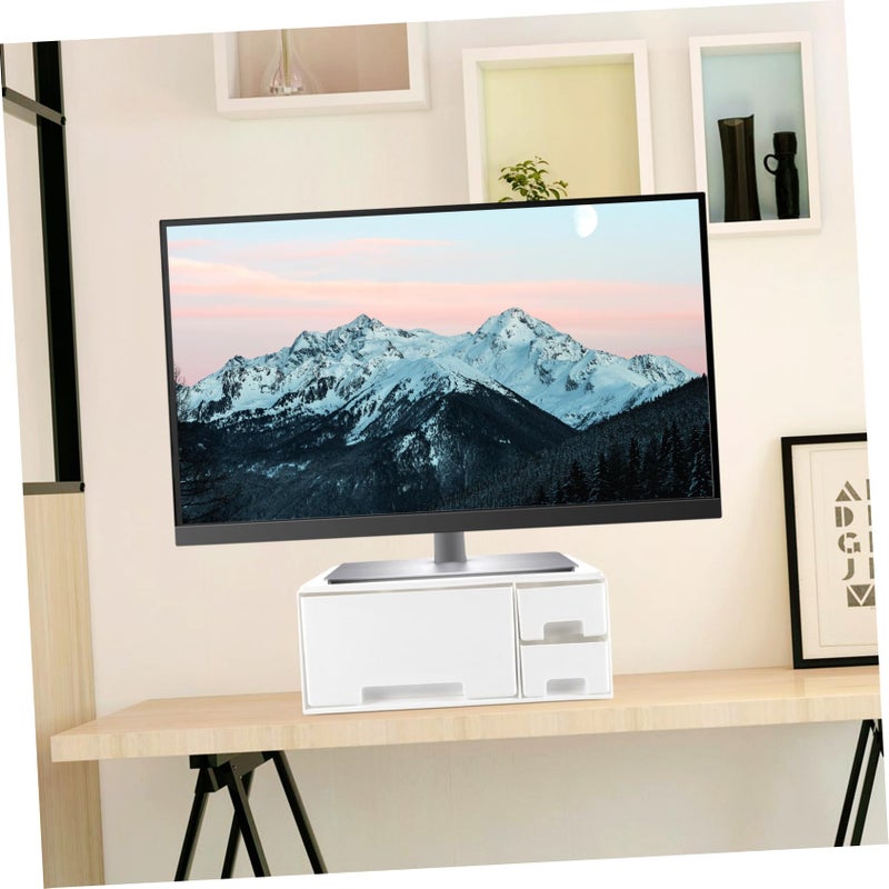 White Monitor Stand Riser With Pull Out Storage Drawer Desk Organizer - Image 5