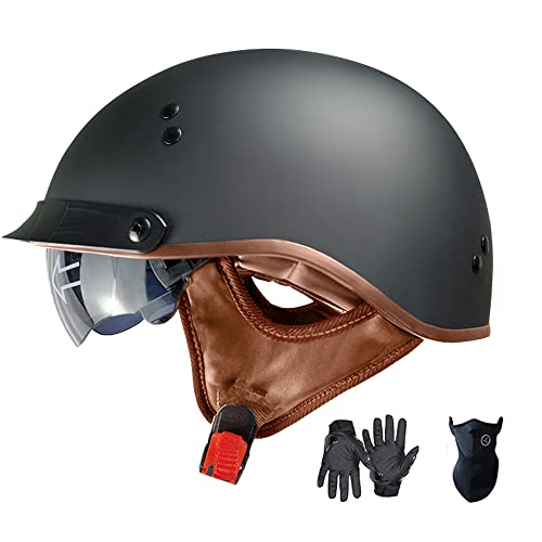 SanQing Motorcycle Half Helmet with Retractable Inner Sun Shade Quick Release Buckle DOT Approved Half Face Cycling Helmets for Men Women Adult (Black, Large) - Image 1
