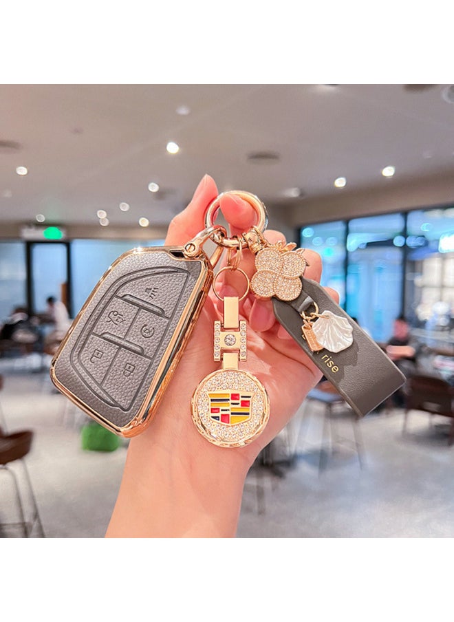 Generic - For Cadillac CT5 Key Cover Xt5/xt4/ct6/xts/xt6 Car ATSL Shell Ct4 High-grade Shell Buckle-Color:Cadillac C Model [vitality Orange] Single Shell + Gold Diamond Label + Hair Ribbon - Image 1