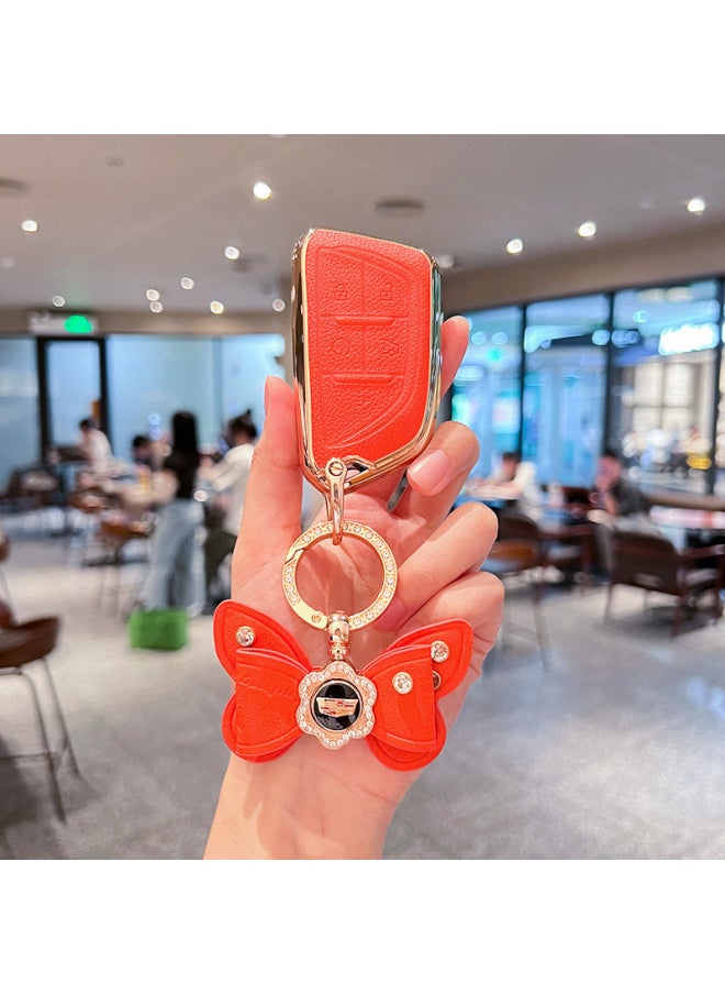 Generic - For Cadillac CT5 Key Cover Xt5/xt4/ct6/xts/xt6 Car ATSL Shell Ct4 High-grade Shell Buckle-Color:Cadillac C Model [vitality Orange] Single Shell + Gold Diamond Label + Hair Ribbon - Image 1