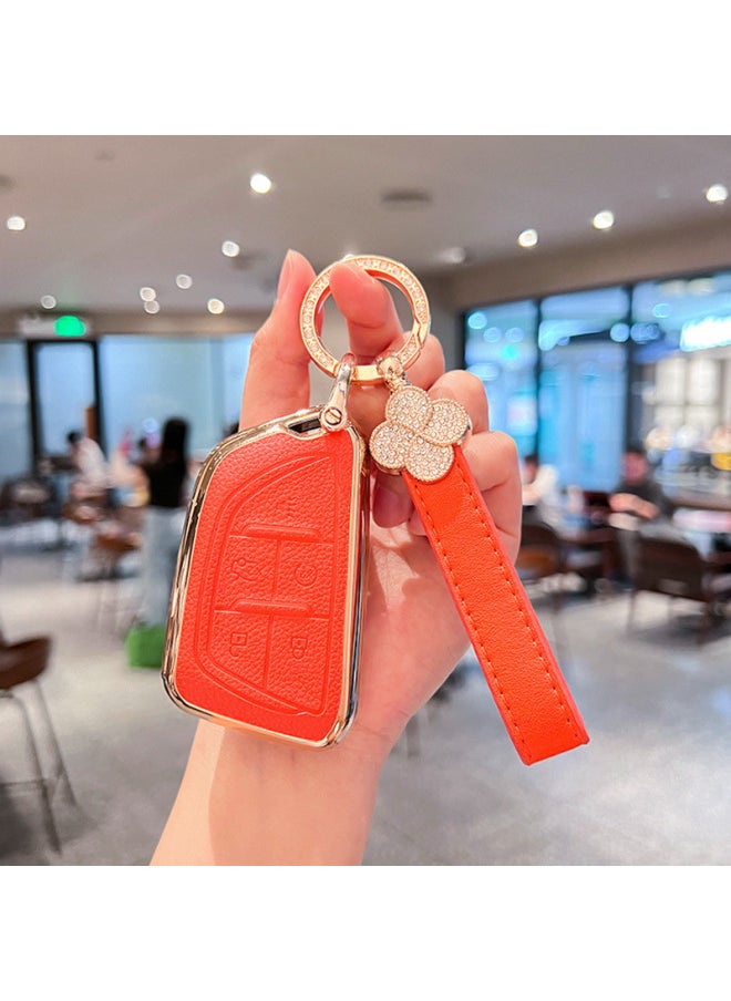 Generic - For Cadillac CT5 Key Cover Xt5/xt4/ct6/xts/xt6 Car ATSL Shell Ct4 High-grade Shell Buckle-Color:Cadillac C Model [vitality Orange] Single Shell + Gold Diamond Label + Hair Ribbon - Image 1