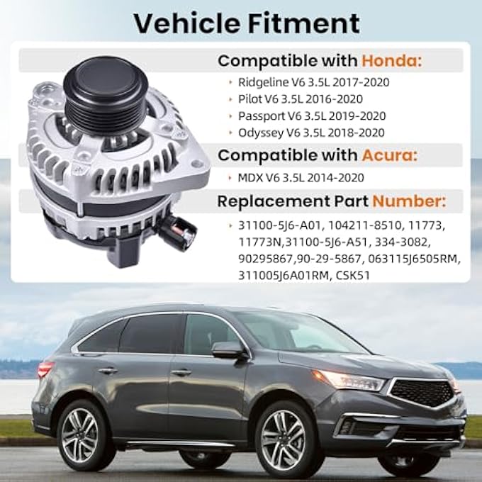 hodflop 31100-5J6-A01 Alternator Compatible with Honda Pilot 2016-2020 3.5L, Odyssey 2018-2020, Ridgeline 2017-2020, Passport 2019-2020, for Acura MDX 3.5L V6 2014-2020 12V 155A Replace# 31100-5J6-A51 - Image 2
