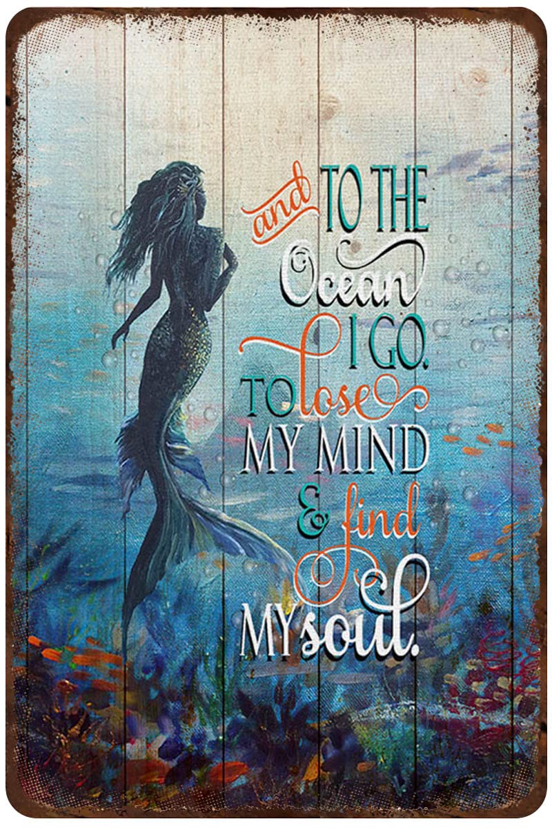 Mocozim Rustic Retro Metal Tin Sign and to The Ocean Mermaid Wall Art Vintage Metal Tin Sign Cafe Store Club Bedroom Bathroom Novelty Retro Parlor Courtyard Wall Decor 8''x12''Inch - Image 1